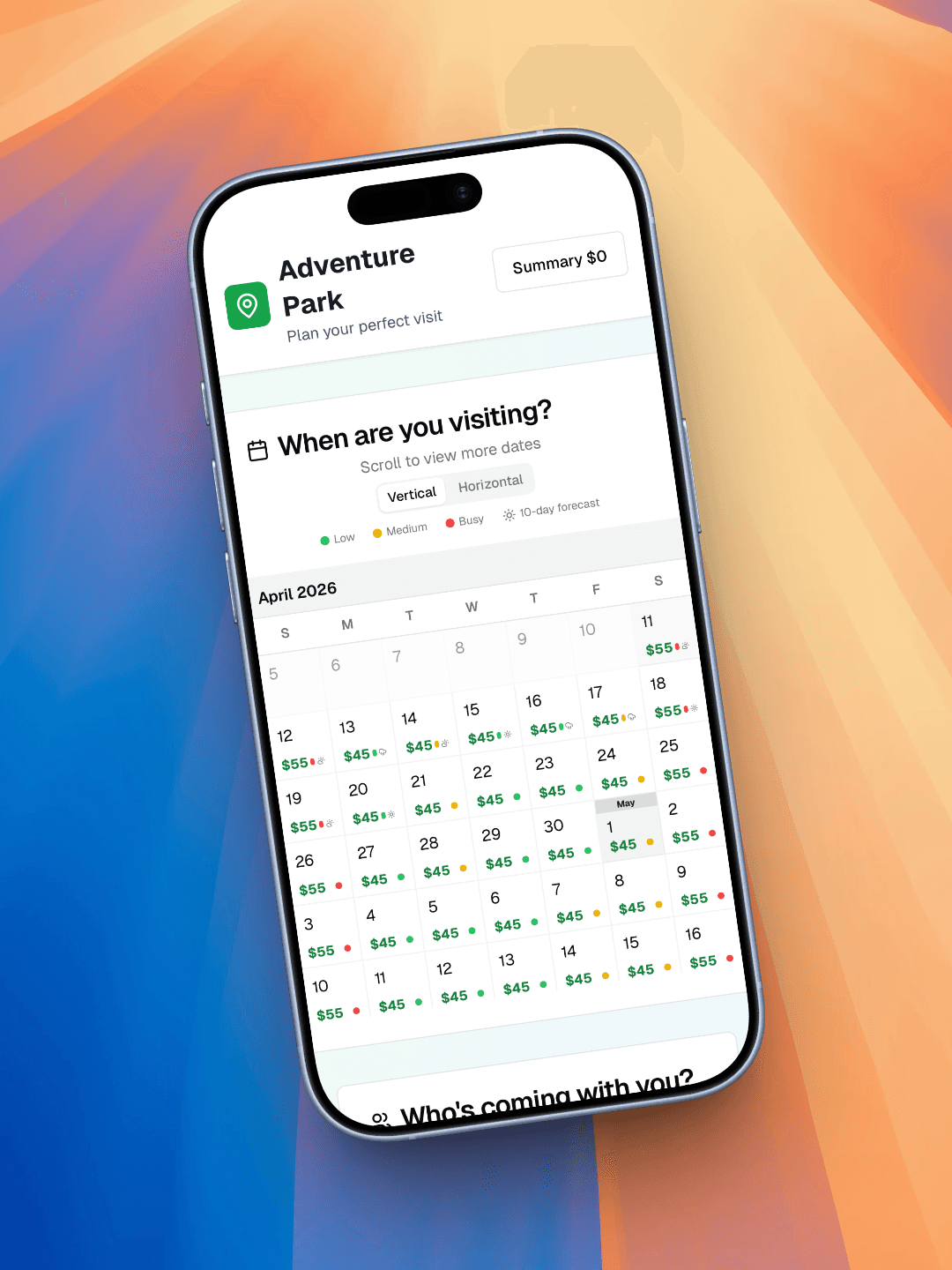 Mobile pricing calendar interface