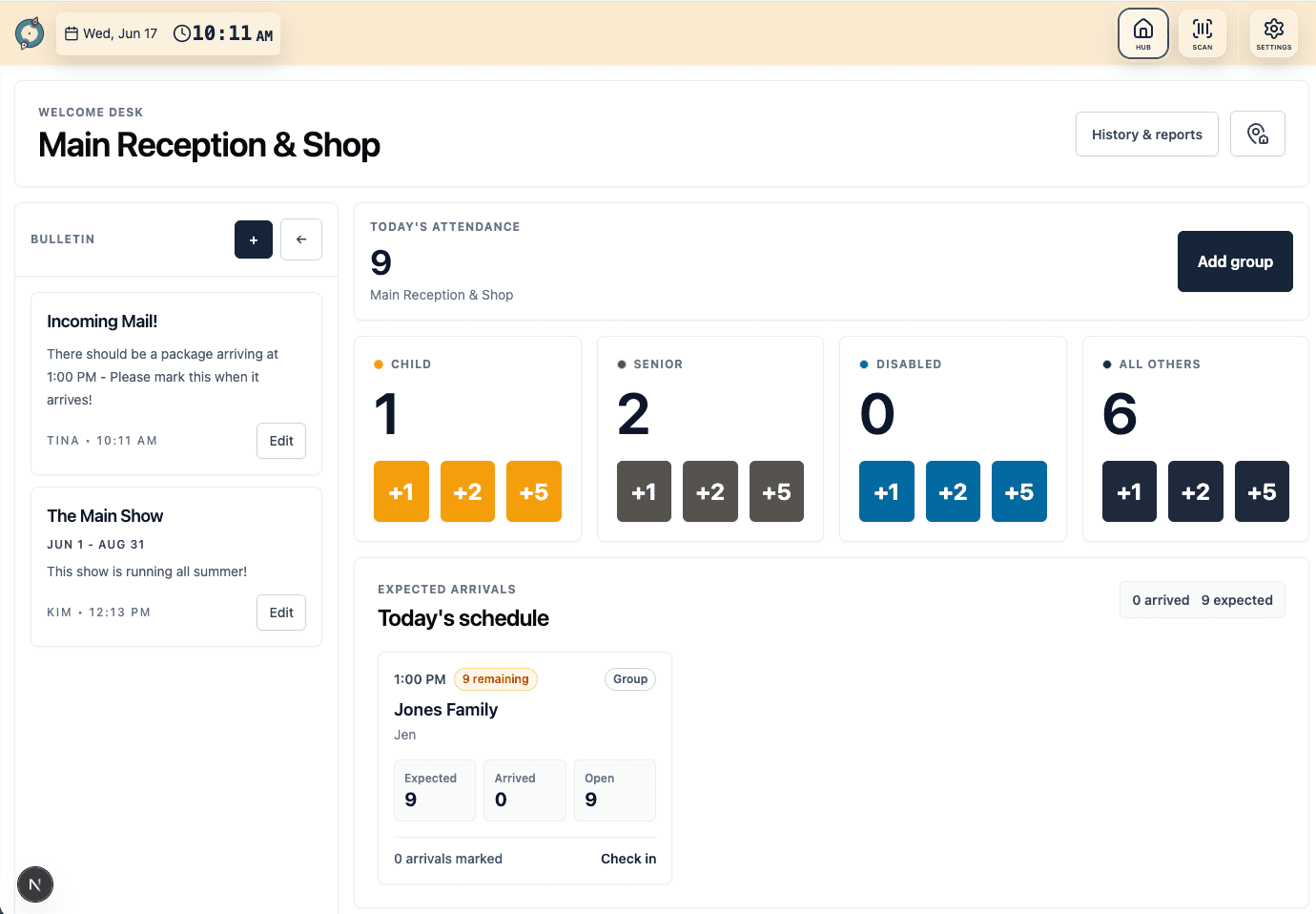 Welcome desk attendance tracking interface