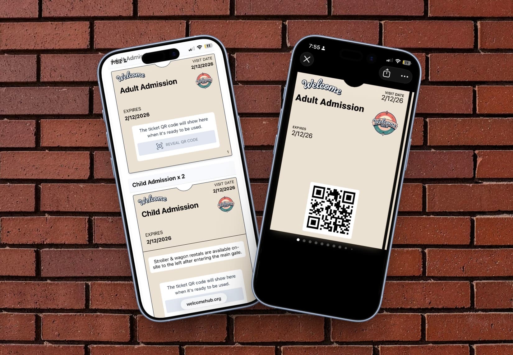 Admission tickets shown as a mobile delivery page and wallet pass