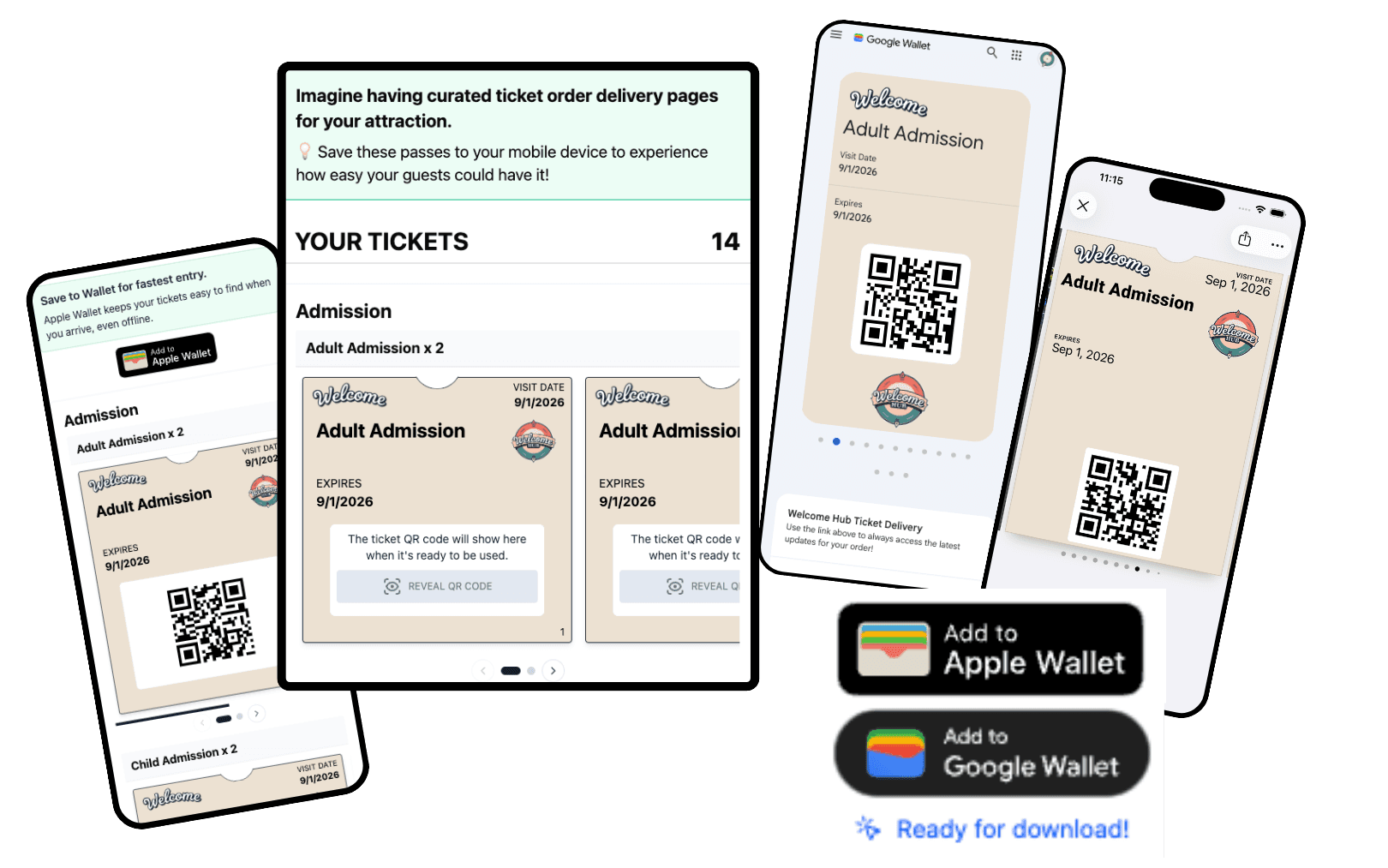 An example of the Welcome Hub delivery and onboarding experience for attractions with a web, Apple and Google Wallet ticket example