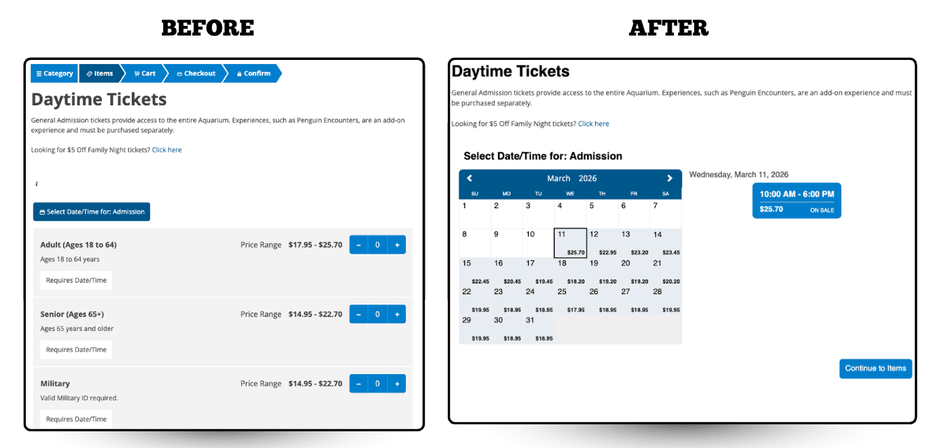 Before and after ticketing calendar improvement
